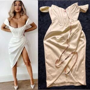 NWT HOUSE Of CB LORETTA Ivory Satin Off Shoulder Asymmetrical Dress. Size M